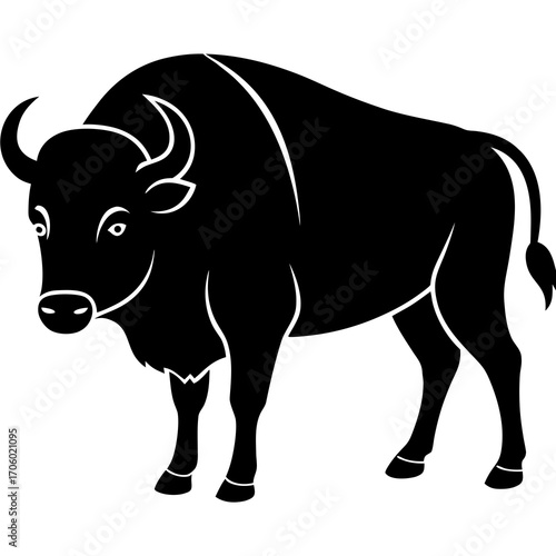 A powerful black silhouette of a bison standing majestically on a white background