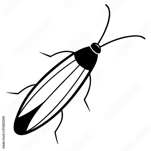 Black silhouette of a cockroach with long antennae and segmented body on a white background silhouette