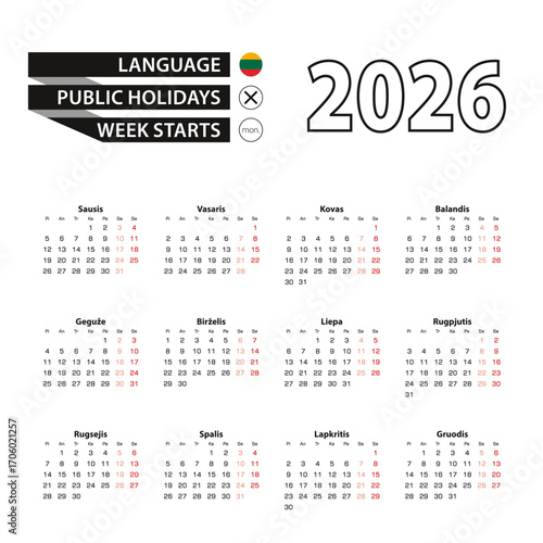 Calendar 2026 in Lithuanian language, week starts on Monday.