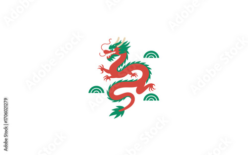 Red and Green Chinese Dragon with Cloud Accents on White Background: Symbolizing Power, Wisdom, and Good Fortune, in a Clean, Modern Style