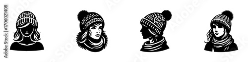 Modern Minimalist Woman Half Body Wearing Wool Cap Icon, Flat Silhouette of a Female Character Vector for Fashion and Lifestyle Illustration Design