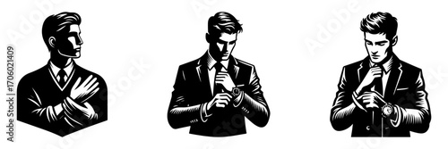 Modern Minimalist Man Buttoning Shirt Half-Body Icon, Flat Silhouette of a Casual Figure Vector for Fashion Illustration Design