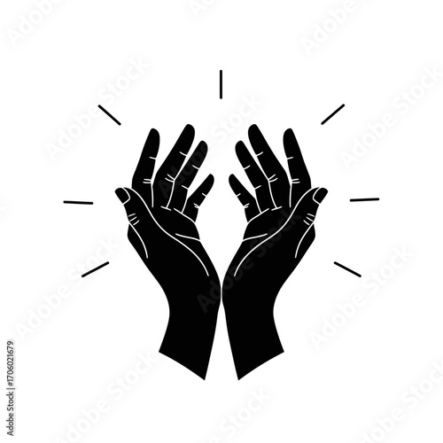Vector art of two hands reaching up with light rays silhouette of hands reaching for something with light and hope