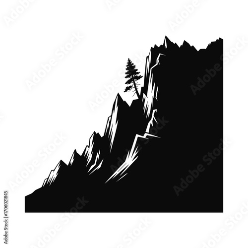 Dramatic Mountain Cliff Silhouette Illustration with Lone Tree on Peak for Outdoor Adventure