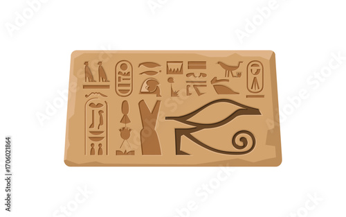 Ancient Egyptian Hieroglyphs on Stone Tablet: The Eye of Horus and Other Symbols, Depicting an Ancient Language and Historical Significance