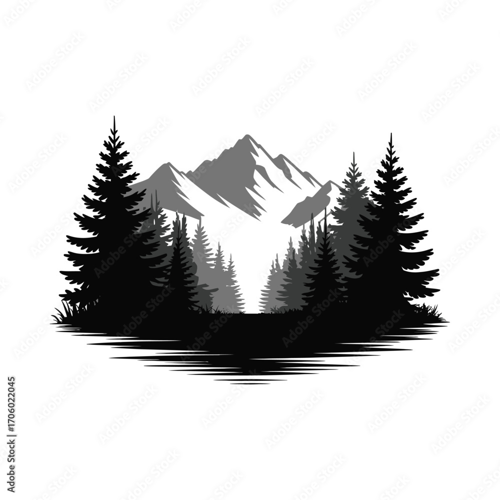 Fototapeta premium Serene Forest Mountain Silhouette Illustration with Evergreen Trees and Grassy Ground