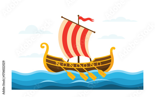 Cartoon Viking Ship Sailing on Blue Waves: Illustration of a Norse Boat with Striped Sail, Oars, and Clouds in the Sky