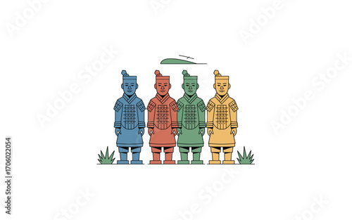 Terracotta Army Illustration: Colorful Line Art Depicting Ancient Chinese Warriors, Symbolizing History, Culture, and Archaeological Significance, Perfect for Educational or Design Purposes