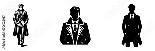 Modern Minimalist Man Wearing Overcoat Icon, Flat Silhouette of a Fashion Figure Vector for Winter Illustration Design