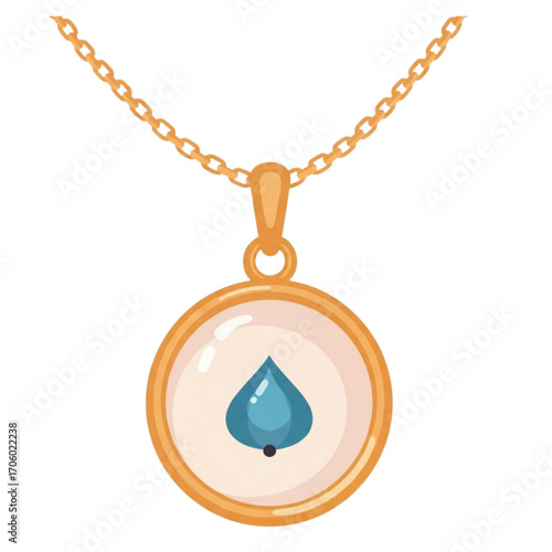 Golden pendant necklace with blue teardrop gem hangs against white backdrop, symbolizing elegance and refined taste.