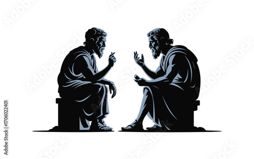 Ancient Greek Philosophers Discussing Ideas, Silhouette Illustration. Depicting Dialogue, Philosophy, Intellectual Discussion, and Classical Thought with Visuals of Wisdom, Debate, and Historical Sign