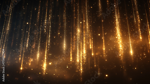 Golden shooting stars cascading across a dark night sky, warm glowing trails and sparkling highlights, festive luxury celebration, magical space-themed background