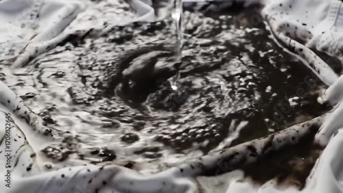 Water rinsing dark stain on white fabric