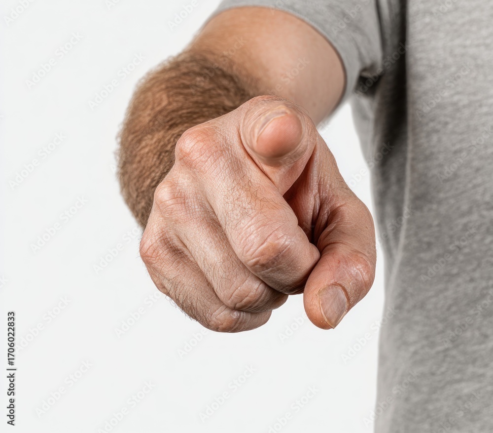Fototapeta premium A close-up shows a person's hand with their index finger extended forward, against a stark white background, with a gray shirt sleeve visible