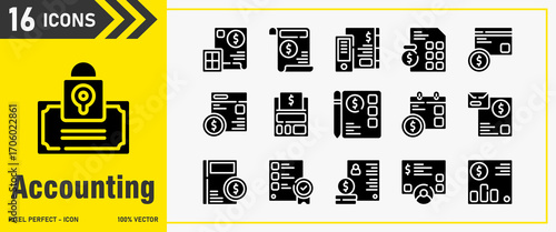 Accounting icon set. Editable Stroke Icon Collection. invoice, clipboard, schedule, book journal, reputation. Solid icons, icon interface, icon pack, vector collection.