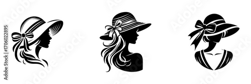 Modern Minimalist Woman Half Body Wearing Hat With Ribbon Icon, Flat Silhouette of a Female Character Vector for Fashion and Lifestyle Illustration Design