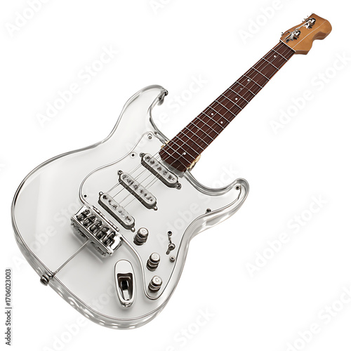 A clear electric guitar with a transparent body, isolated on transparent background
