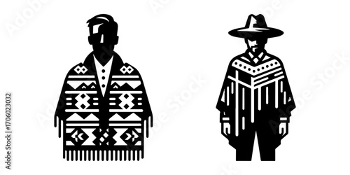 Modern Minimalist Man Wearing Poncho Icon, Flat Silhouette of a Cultural Figure Vector for Traditional Illustration Design