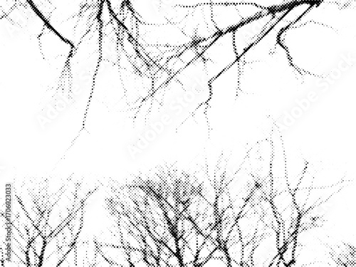 Halftone forest tree branches frame in black and white vintage grunge style background for poster, mixed media design
