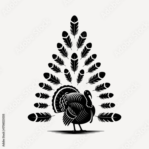 Vector art of elegant turkey illustration with feathers arranged in a festive tree shape, perfect for thanksgiving celebrations