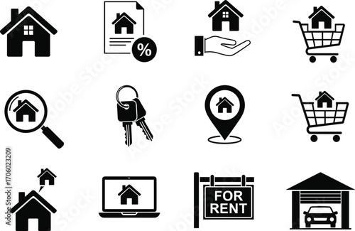 Real estate icons, property management symbols, house buying, renting, mortgage, insurance, location, amenities, online listings, vector set, black and white