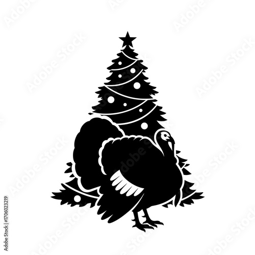 Vector art of turkey standing in front of a christmas tree, celebrating the holidays with festive cheer and seasonal spirit