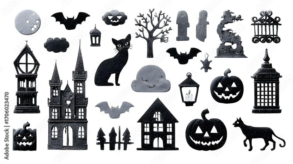 Obraz premium Halloween cutout theme icons arranged with festive detail, isolated on white background