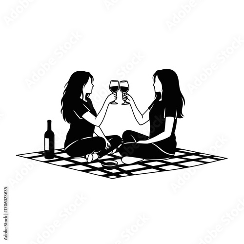 Vector art of silhouette of two women toasting wine glasses on a picnic blanket, , representing friendship and celebration in black and white