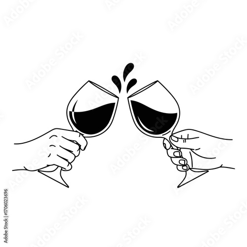 Vector art of silhouette of hands toasting with wine glasses clinking glasses with red wine at celebration event
