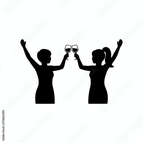 Vector art of two women toasting wine glasses celebrating friendship and special moments with a cheerful toast and raised arms