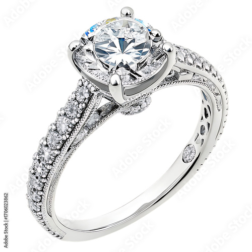 Elegant vintageinspired diamond engagement ring with intricate detailing and a sparkling center stone, isolated on transparent background