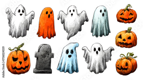Halloween ghost element set in multiple spooky styles, isolated on white background
