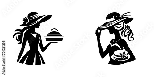 Modern Minimalist Woman Half Body Carrying Hatbox Icon, Flat Silhouette of a Female Character Vector for Fashion and Lifestyle Illustration Design