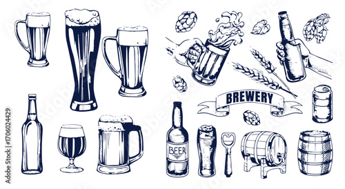 Beer brewery icons collection. Glasses, bottle, barrel hand drawn elements for pub, bar menu. Vector sketch illustration