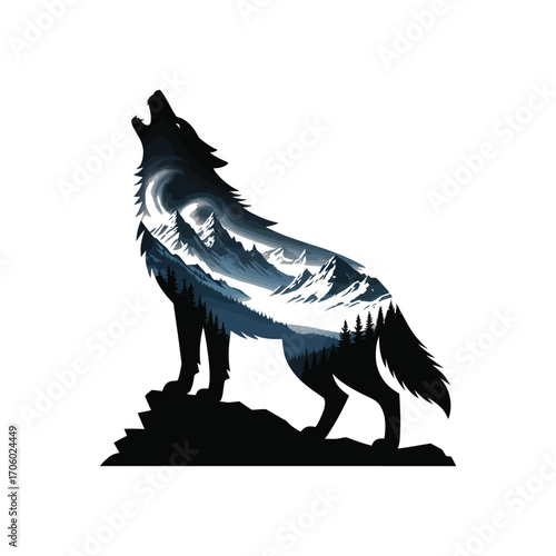 Wolf Howling Silhouette Illustration with Mountain Landscape Double Exposure Vector