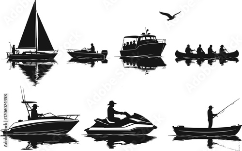 Silhouette watercraft vector set, sailboat, canoe, jet ski, fishing boat, speedboat, yacht, bird reflection, black icons, water transport illustration