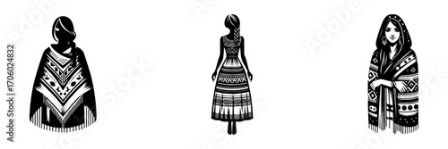 Modern Minimalist Woman Wearing Poncho Shawl Icon, Flat Silhouette of a Casual Figure Vector for Fashion Illustration Design