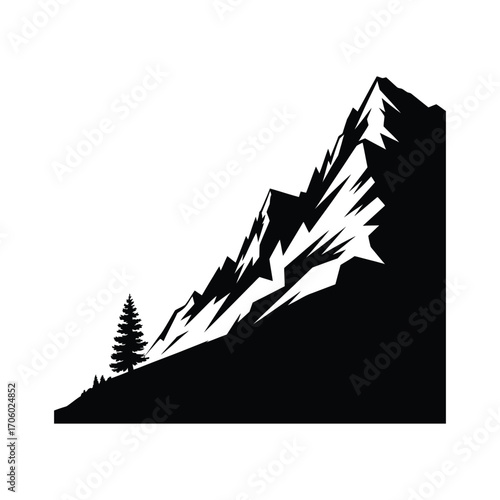 Dramatic Mountain Peak Silhouette Illustration with Evergreen Tree in Black and White