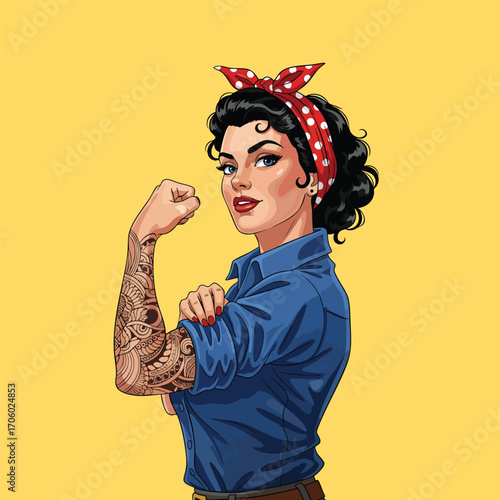 A modern tattooed Rosie the Riveter flexing her bicep in a classic pop art style.