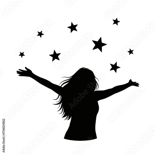 Vector art of silhouette of a woman with open arms reaching for the stars, a symbol of dreams, aspirations, and freedom