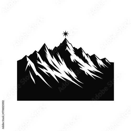 Sharp Mountain Peaks Silhouette Illustration with Guiding Star in Black and White Style