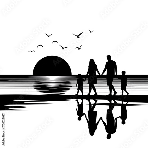 Minimalist black and white silhouette family walking on beach at sunset, birds flying over ocean, serene water reflections art.