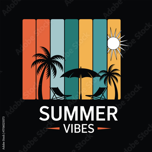 Summer Vibes Minimal Typography Design – Palm Trees, Chairs and Sun Illustration