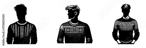 Modern Minimalist Man Wearing Wool Sweater Half-Body Icon, Flat Silhouette of a Cozy Figure Vector for Winter Illustration Design