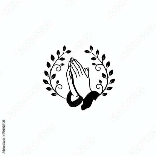 Vector art of praying hands surrounded by a laurel wreath, symbolizing faith, hope, and peace in a simple black and white design