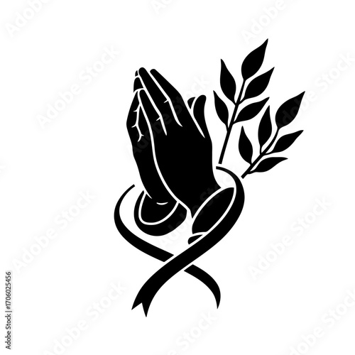 Vector art of praying hands with a ribbon and olive branch, symbolizing hope, peace, and remembrance in a simple design