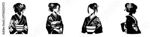 Modern Minimalist Woman Half Body Wearing Kimono Inspired Outfit Icon, Flat Silhouette of a Female Character Vector for Fashion and Cultural Illustration Design