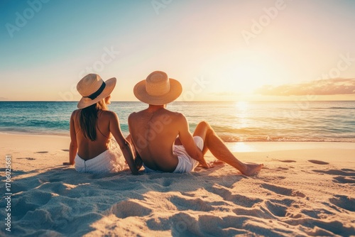 Romantic honeymoon couple walking on tropical beach