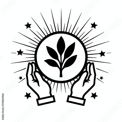 Vector art of hands holding a plant orb with radiating stars, a symbol of growth, nature, and magic