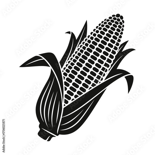 Vector art of black and white vector illustration of an ear of corn, , showcasing its kernels and husk in a simple design